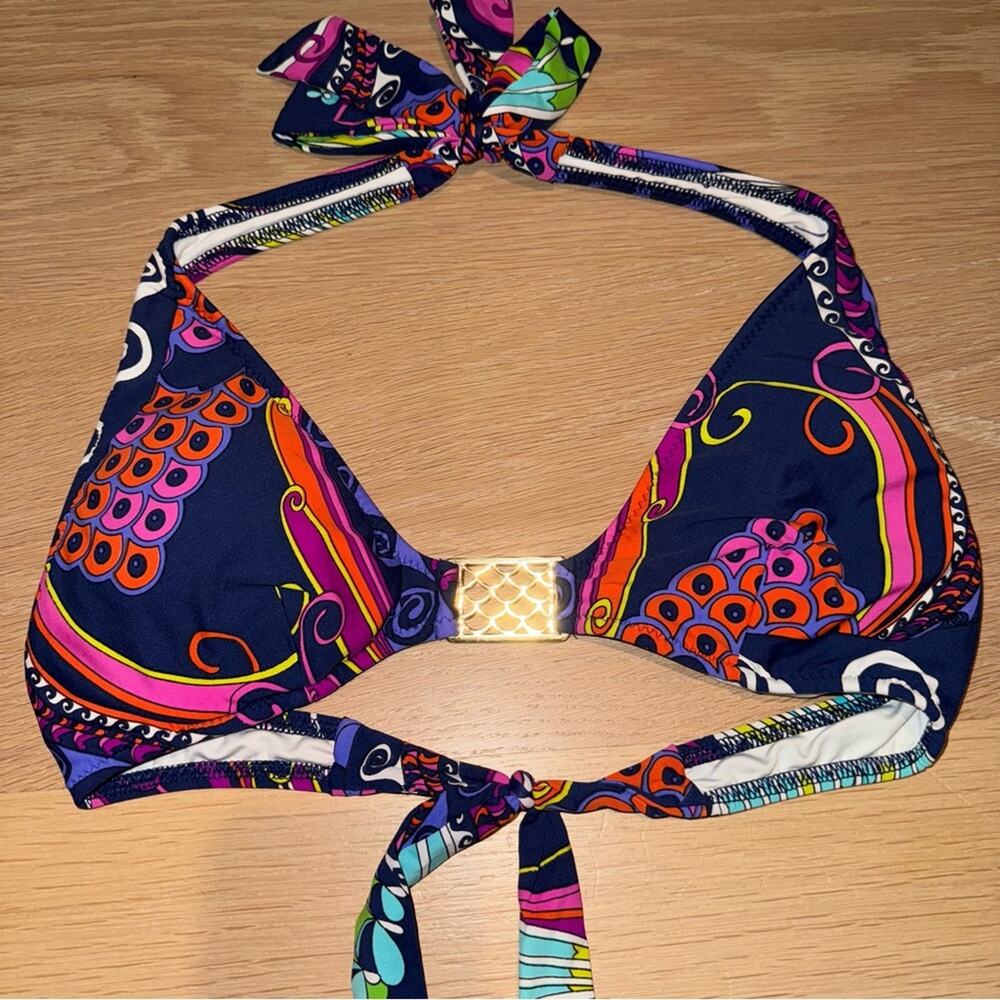 Trina Turk Triangle Blue Bikini Top with Gold Medallion 6 - Picture 5 of 8